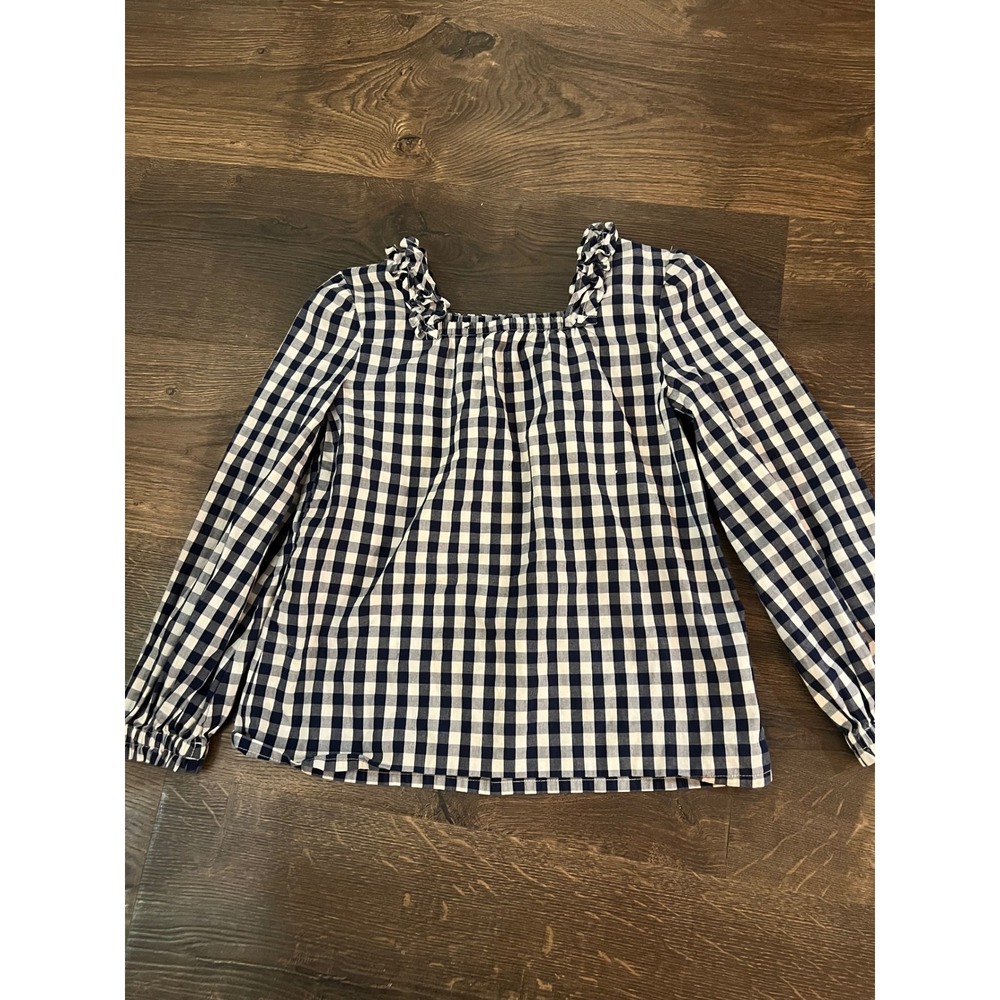 Crewcuts‎ J.Crew Girls Navy White Gingham Ruffle Neck Blouse Top Size 8